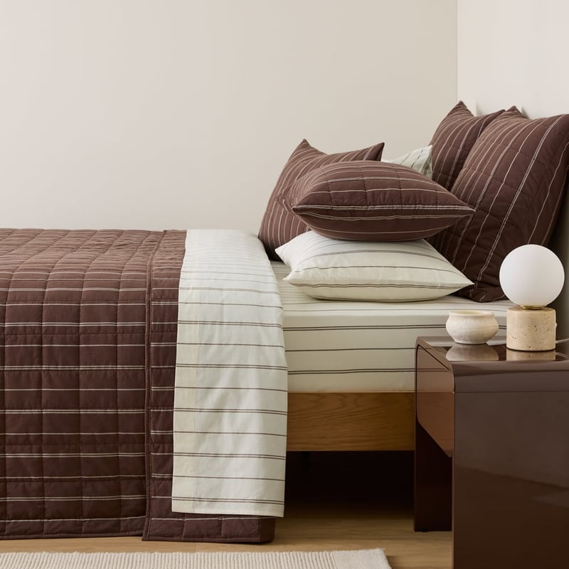 Stonewashed Cotton Chocolate Pencil Stripe Quilted Coverlet Separates