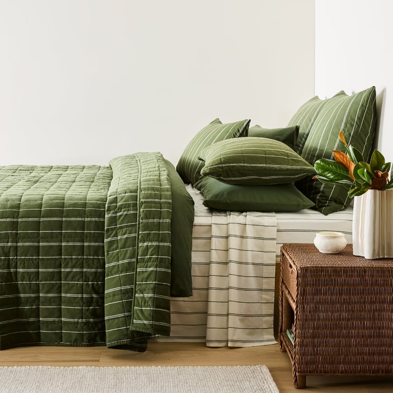 Stonewashed Cotton Basil Pencil Stripe Quilted Coverlet Separates
