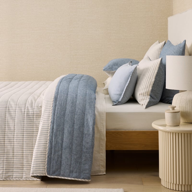 Linen Cotton Bluestone Stripe Quilted Coverlet Separates