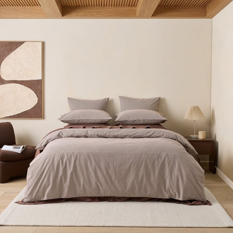 Stonewashed Cotton Chocolate Mini Gingham Quilt Cover Separates 