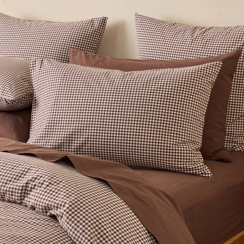 Stonewashed Cotton Chocolate Mini Gingham Quilt Cover Separates 