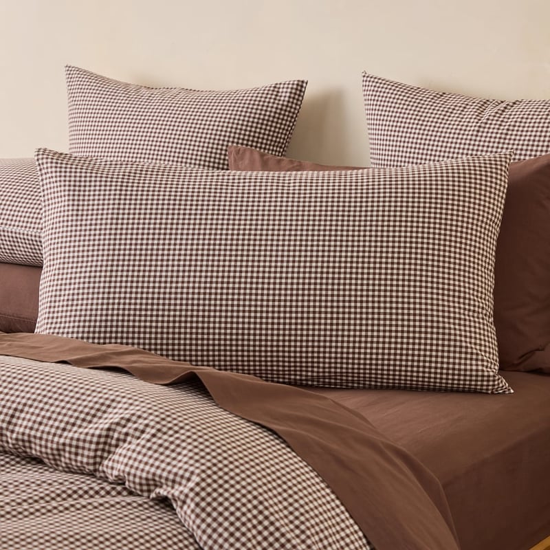 Stonewashed Cotton Chocolate Mini Gingham Quilt Cover Separates 