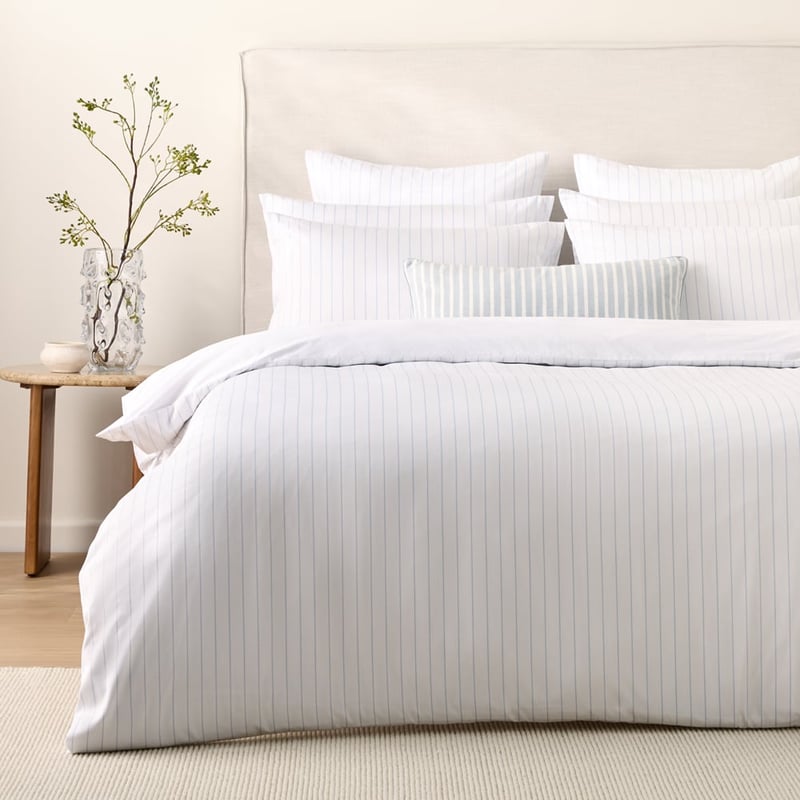 Bamboo Cotton White & Clearwater Blue Stripe Quilt Cover Set + Separates