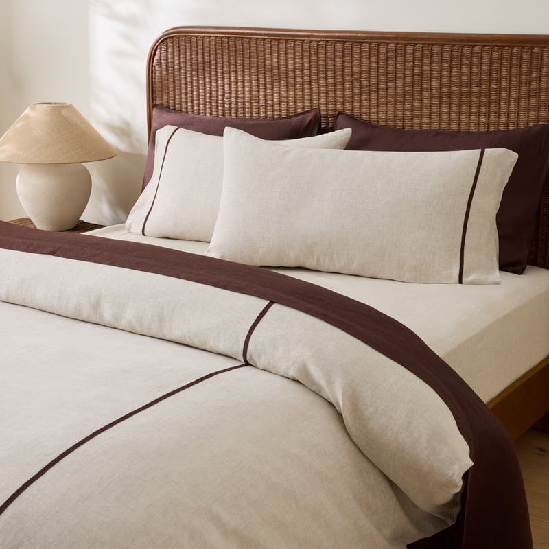 Vintage Washed Linen Linen & Chocolate Panel Quilt Cover Separates