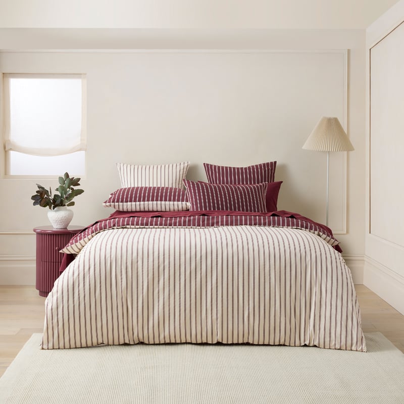 Stonewashed Cotton Burgundy & Coconut Stripe Quilt Cover Separates