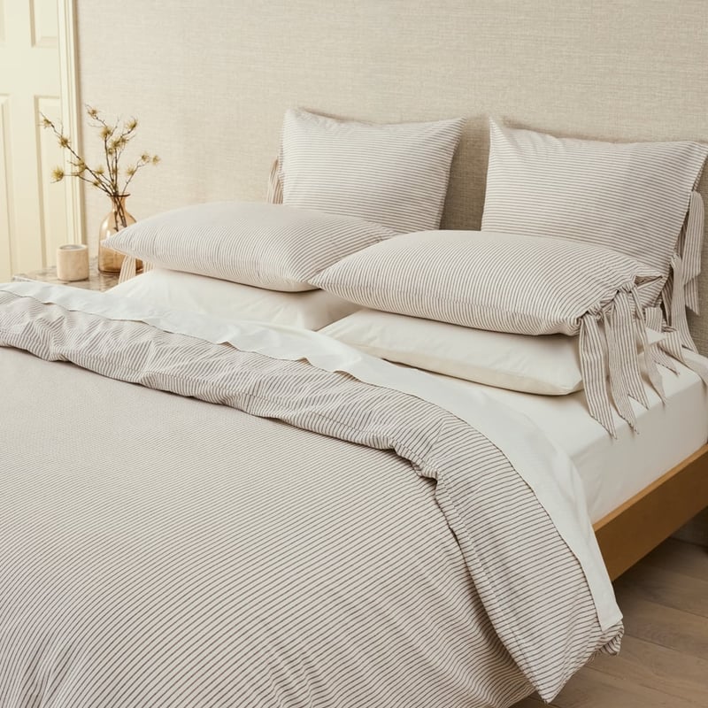 Stonewashed Cotton Coconut & Chocolate Thin Stripe Quilt Cover Separates
