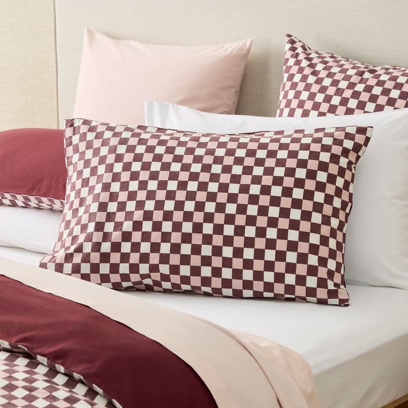 Stonewashed Cotton Burgundy & Peony Check Quilt Cover Separates