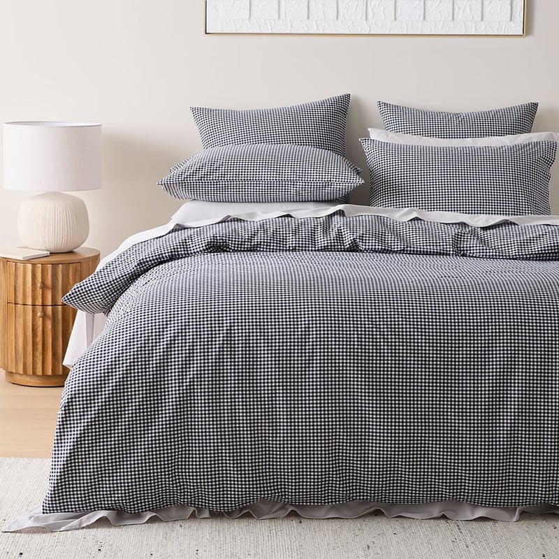 Stonewashed Cotton Midnight Navy Mini Gingham Quilt Cover Separates 
