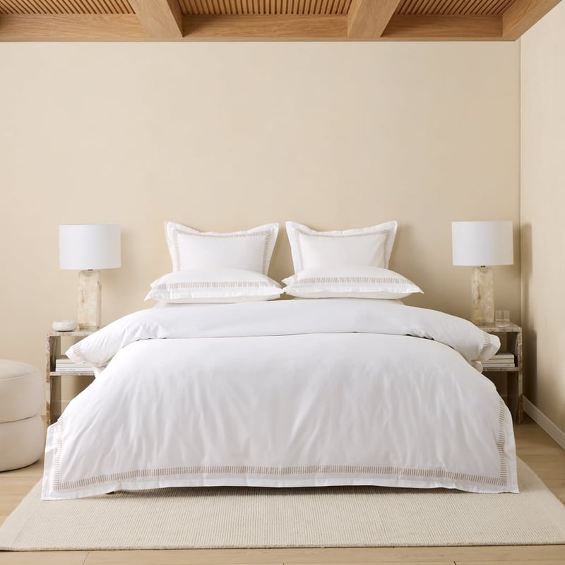 Egyptian Cotton Linen Border White & Linen Stripe Quilt Cover Set + Separates