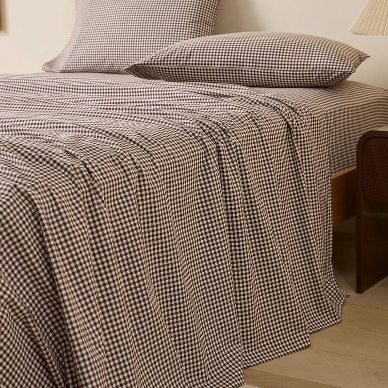 Stonewashed Cotton Chocolate Mini Gingham Sheet Separates