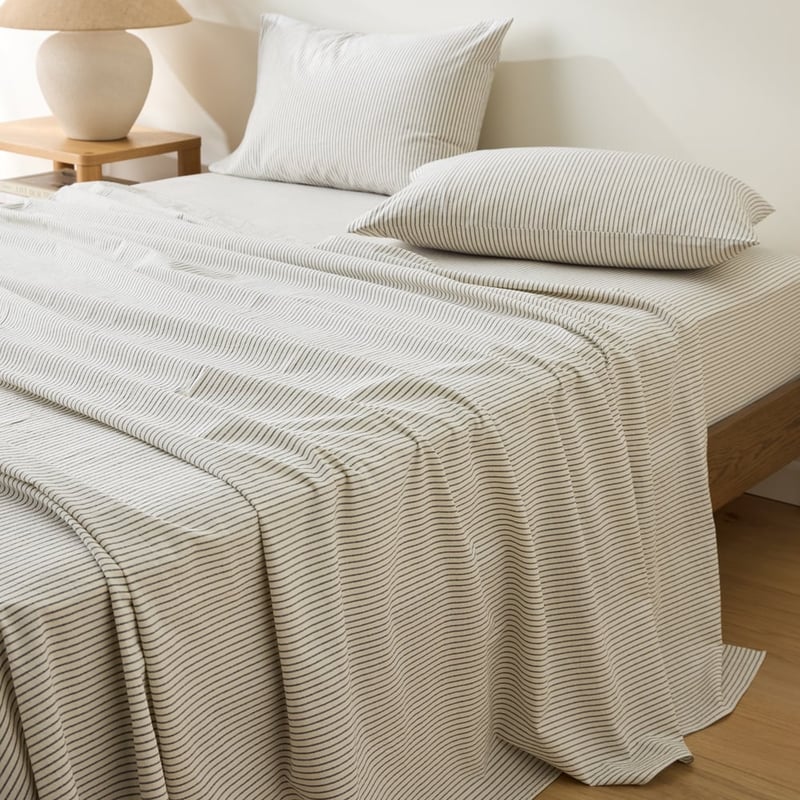Stonewashed Cotton Coconut & Onyx Thin Stripe Sheet Separates