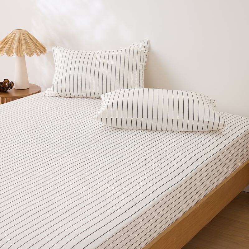 350TC Bamboo Cotton Coconut & Onyx Stripe Fitted Sheet Set