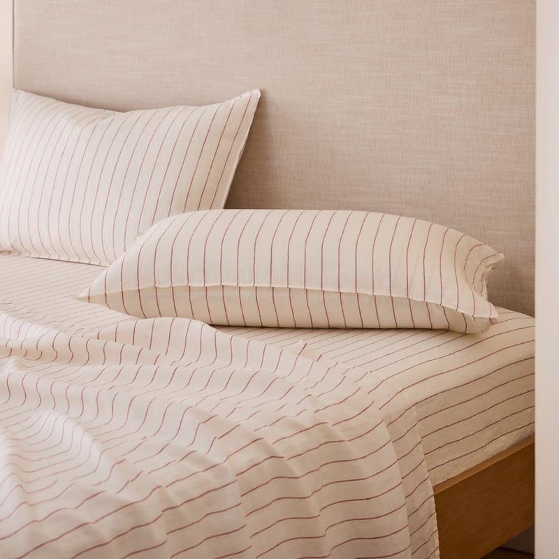 Vintage Washed Linen Redwood & Coconut Stripe Sheet Separates