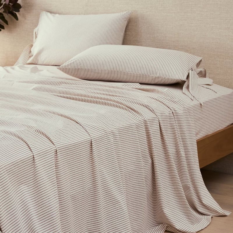Stonewashed Cotton Coconut & Chocolate Thin Stripe Sheet Separates