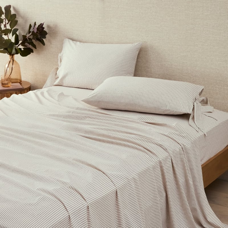 Stonewashed Cotton Coconut & Chocolate Thin Stripe Pillowcases