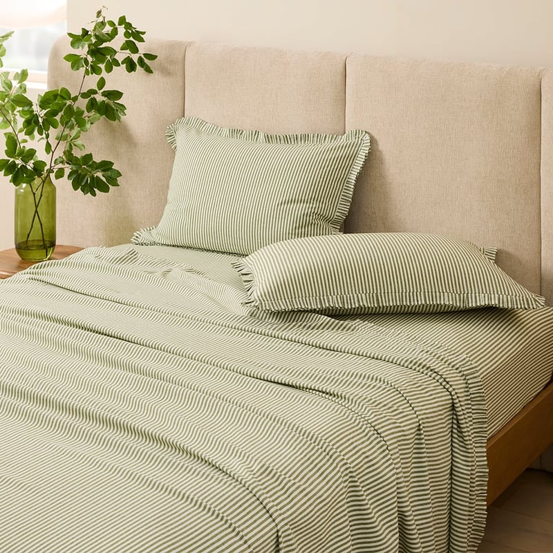 Olive Stripe Pleated Sheet Set