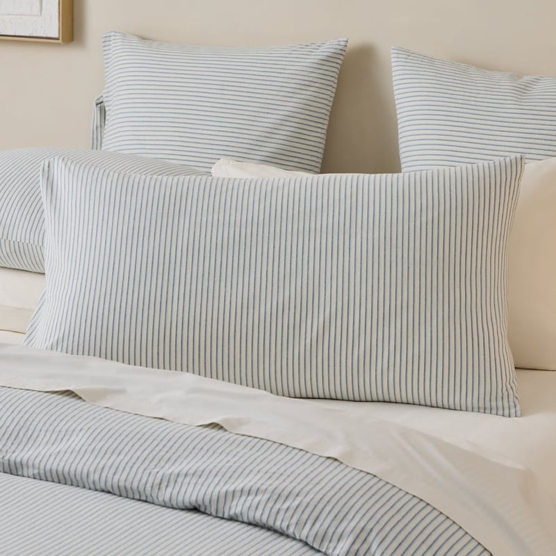 Stonewashed Cotton Coconut & Blue Thin Stripe Pillowcases
