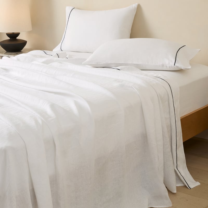 Vintage Washed Linen White & Onyx Flat Piped Sheet Separates