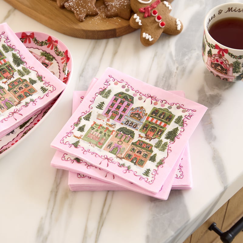 Christmas Village Pink Paper Napkins Pack of 40