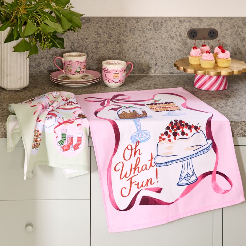 Oh What Fun Pink Tea Towel Pack of 2
