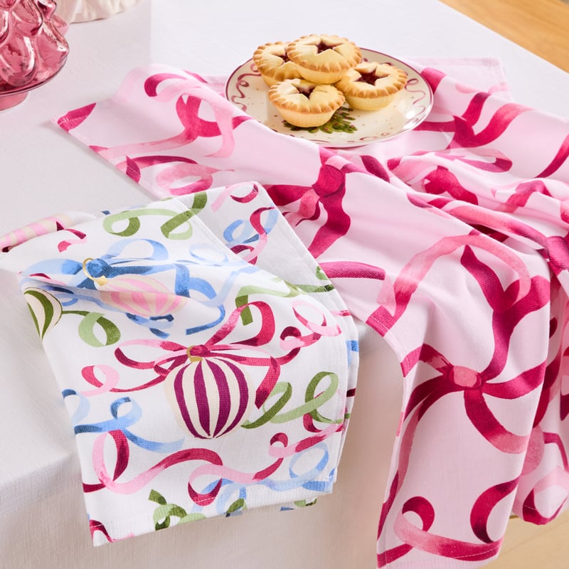 Ribbons Pink Tea Towel Pack of 2