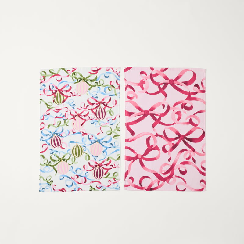 Ribbons Pink Tea Towel Pack of 2