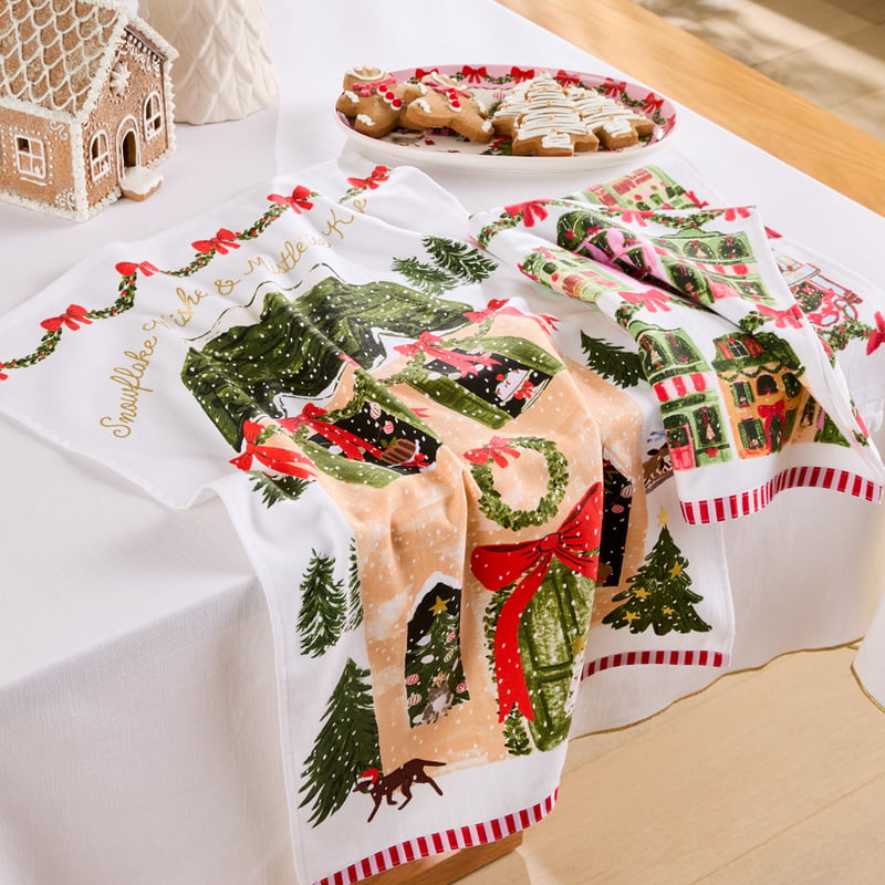 Christmas Village Red Tea Towel Pack of 2