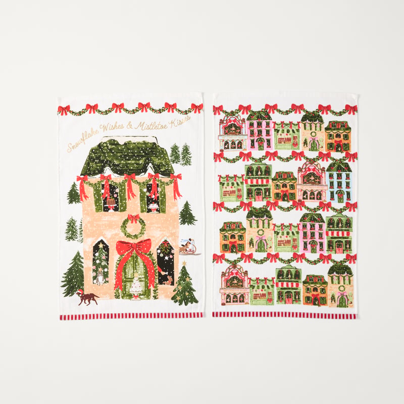 Christmas Village Red Tea Towel Pack of 2