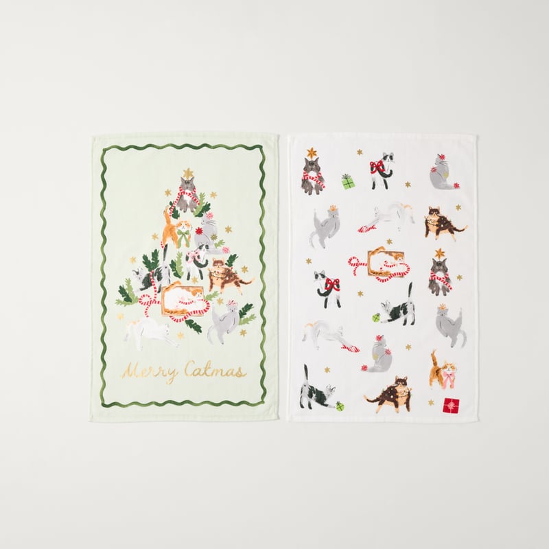 Merry Catmas Green Tea Towel Pack of 2