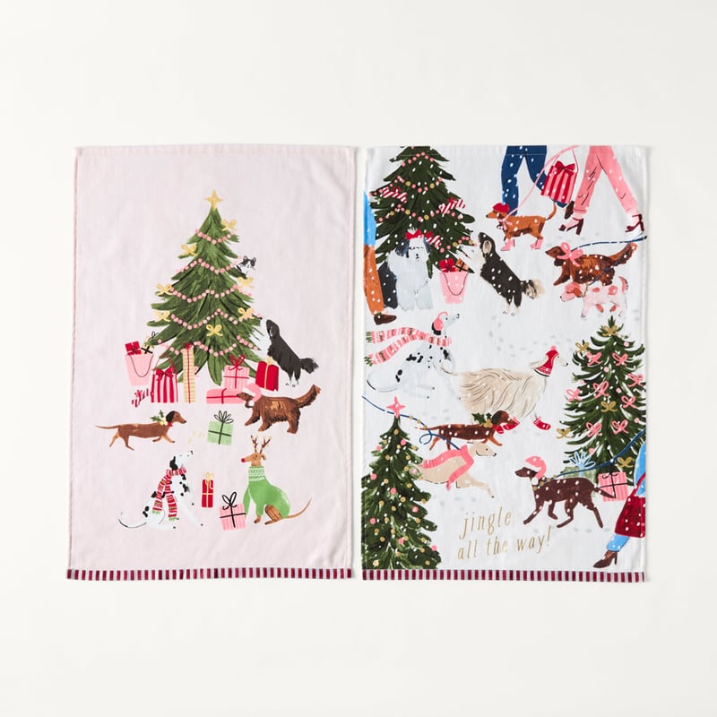 Christmas Tree Dogs Pink Tea Towel Pack of 2