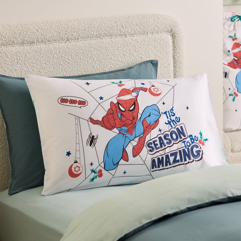 Marvel Spiderman Tis the Season Blue Text Pillowcase