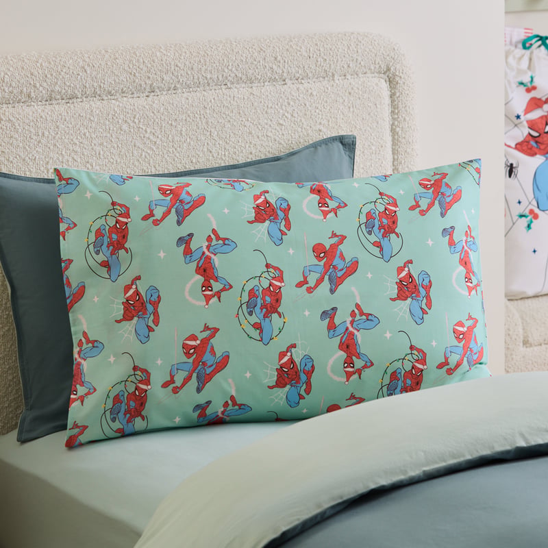 Marvel Spiderman Tis the Season Blue Text Pillowcase