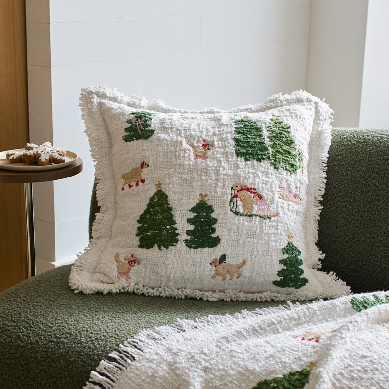 Christmas Cavoodles Village White Cushion