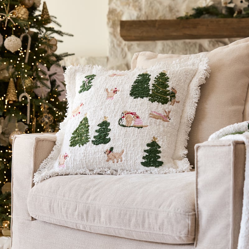 Christmas Cavoodles Village White Cushion