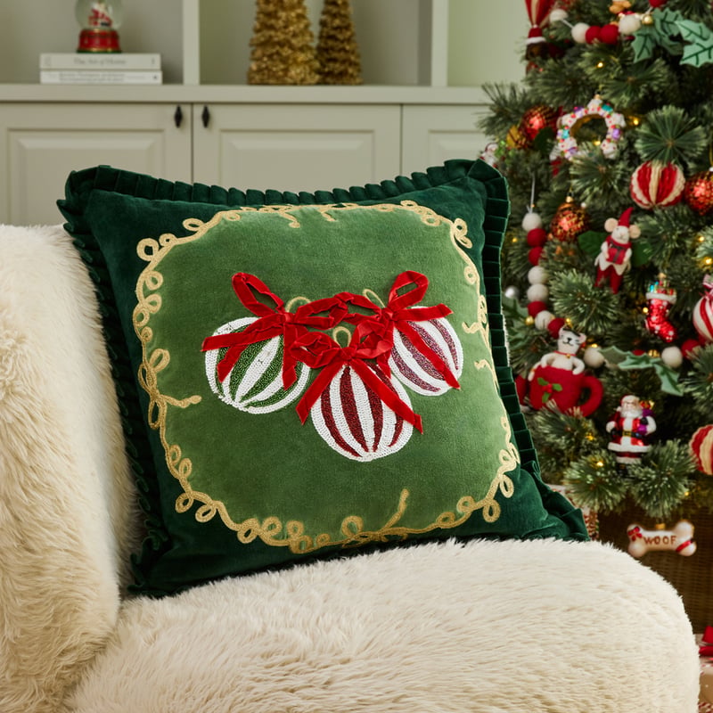 Christmas Baubles Green Cushion