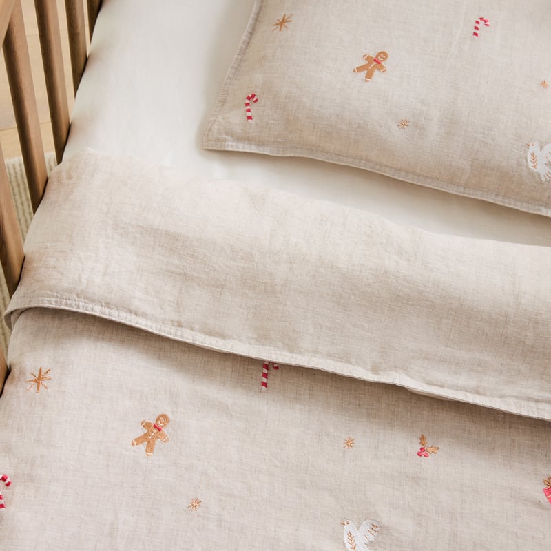 Vintage Washed Festive Natural Linen Cot Quilt Cover Set