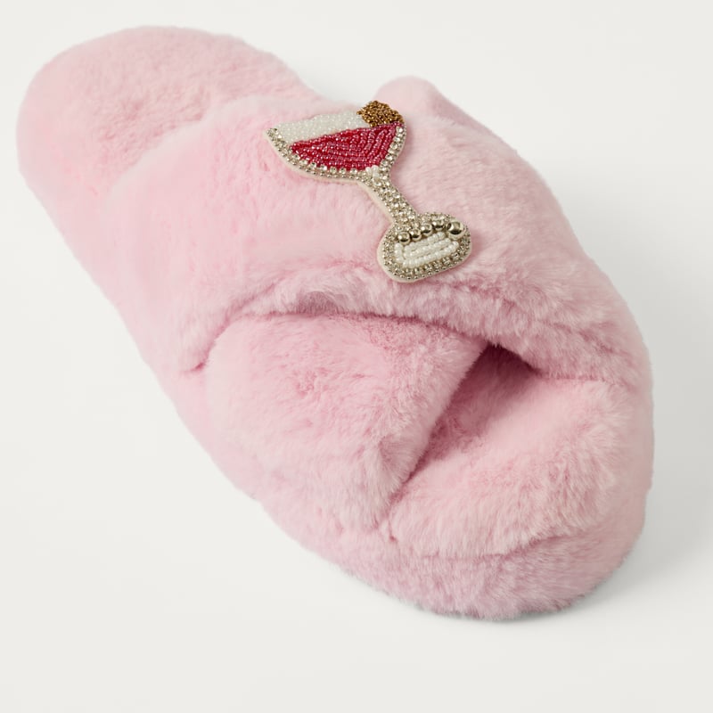 Beaded Martini Pink Crossover Fur Slipper