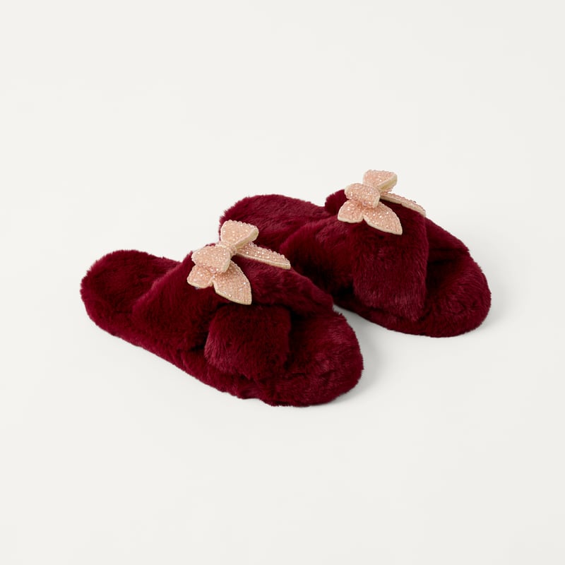 Beaded Bow Burgundy Crossover Fur Slipper