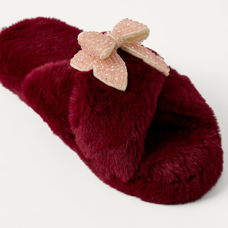 Beaded Bow Burgundy Crossover Fur Slipper