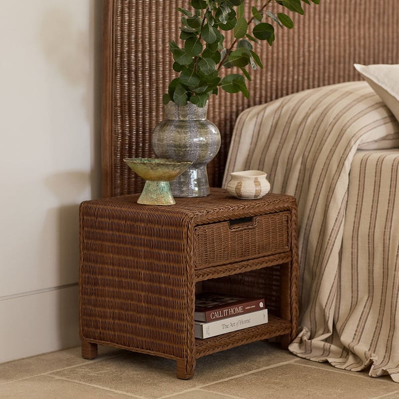 Lena Walnut Rattan Bedside Table