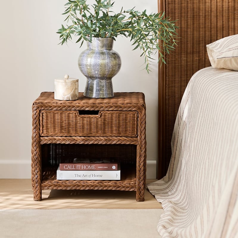 Lena Walnut Rattan Bedside Table
