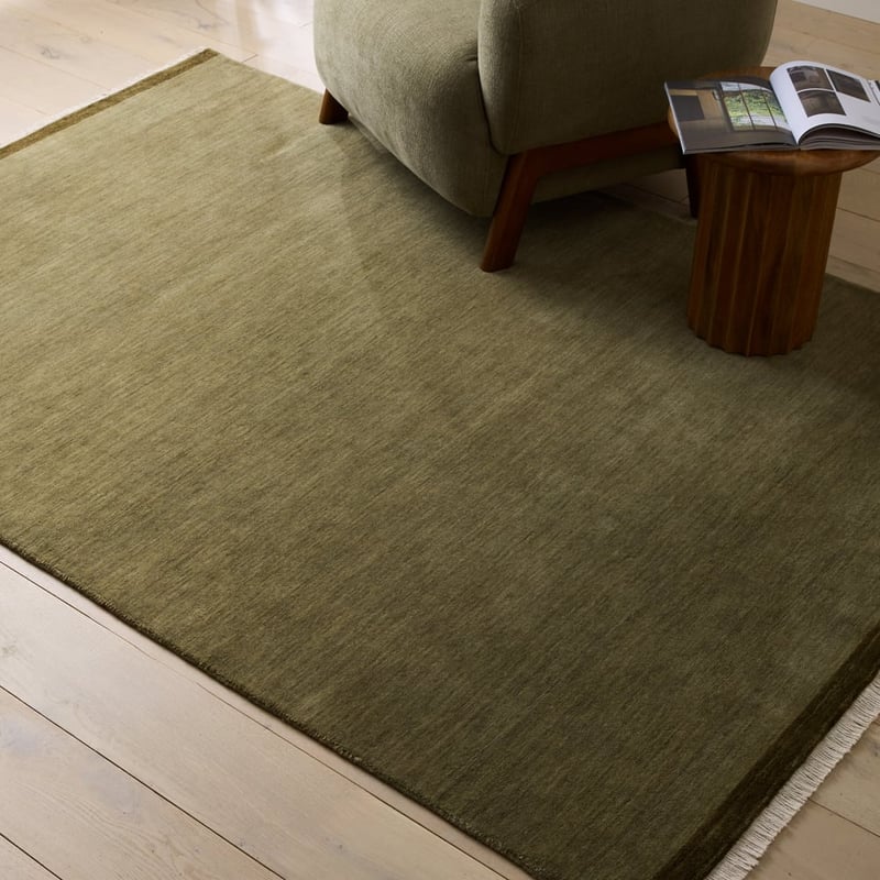 Whisper Tufted Fringed Olive Green Wool Rug