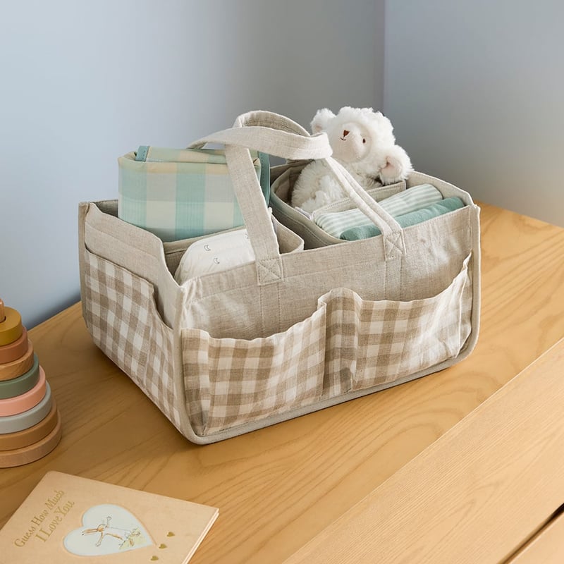 Vintage Washed Linen Linen Check Nappy Caddy Oganiser