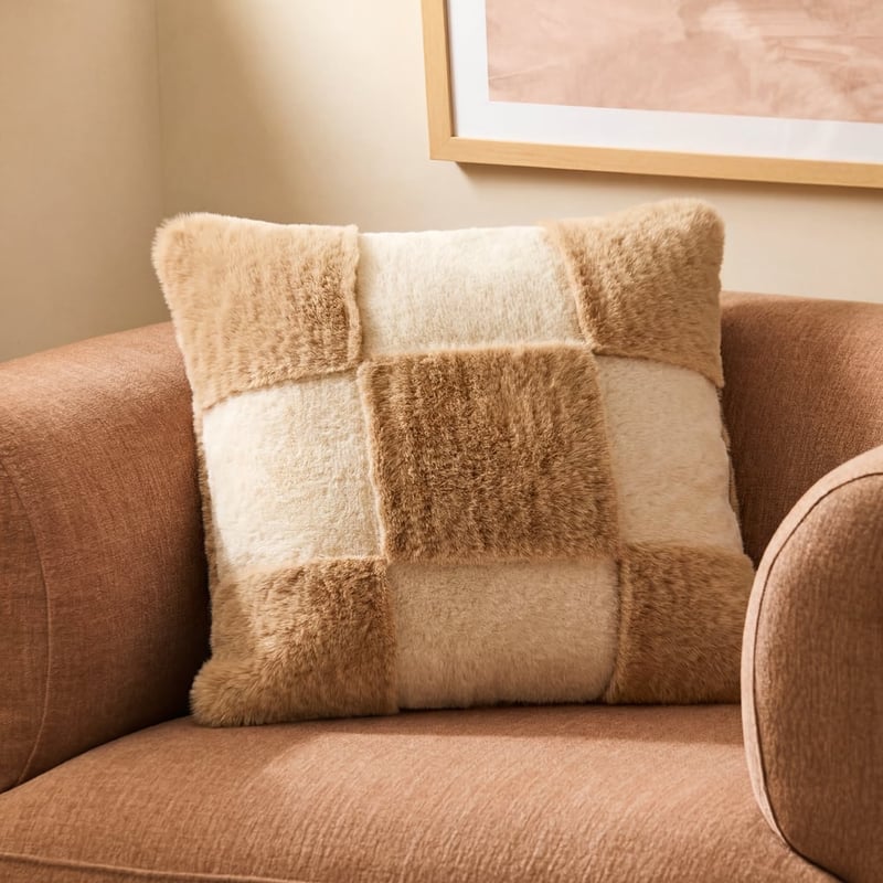Natural Checkerboard Recycled Fur Cushion