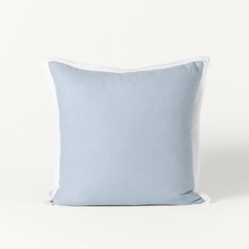 Belgian Light Denim & White Vintage Washed Linen Border Cushion
