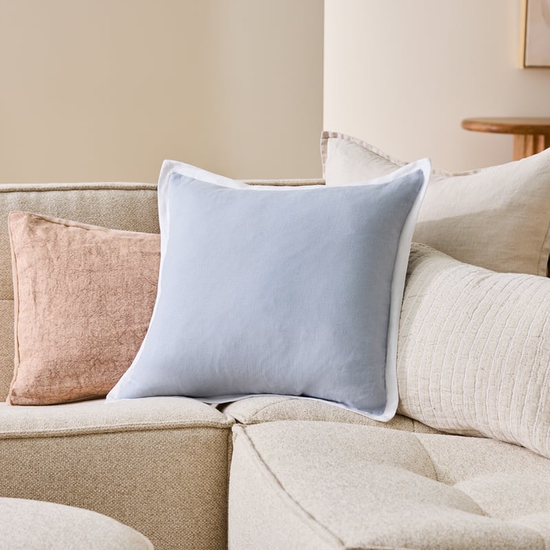Belgian Light Denim & White Vintage Washed Linen Border Cushion