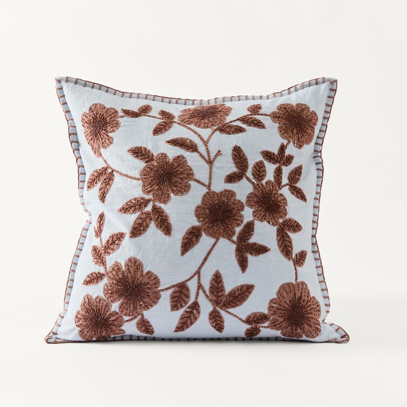 Flora Blue & Brown Beaded Cushion