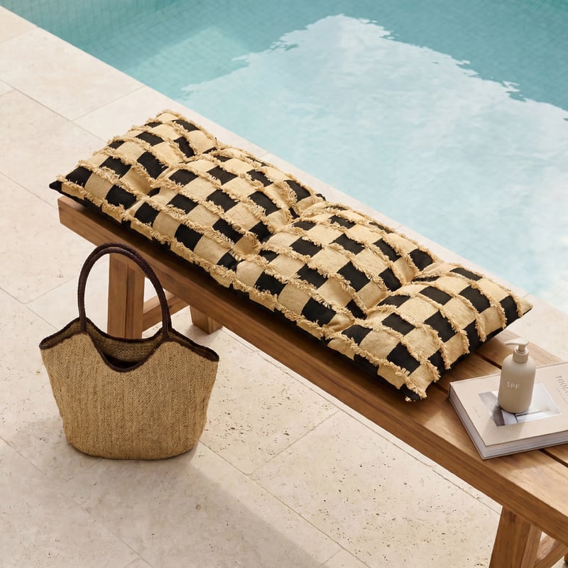 Check Natural & Black Tufted Woven Bench Seat Cushion