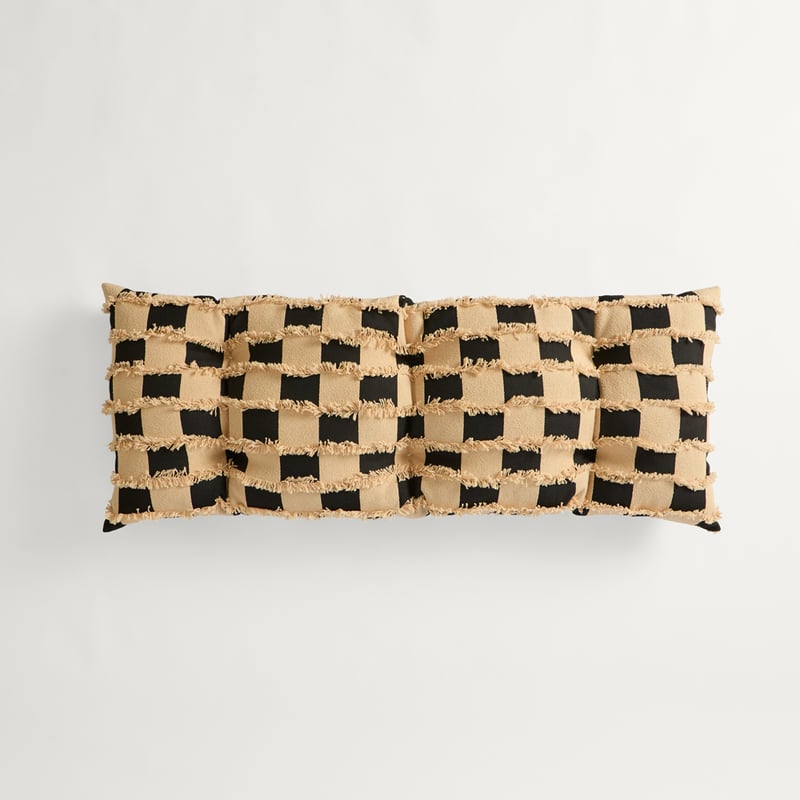 Check Natural & Black Tufted Woven Bench Seat Cushion