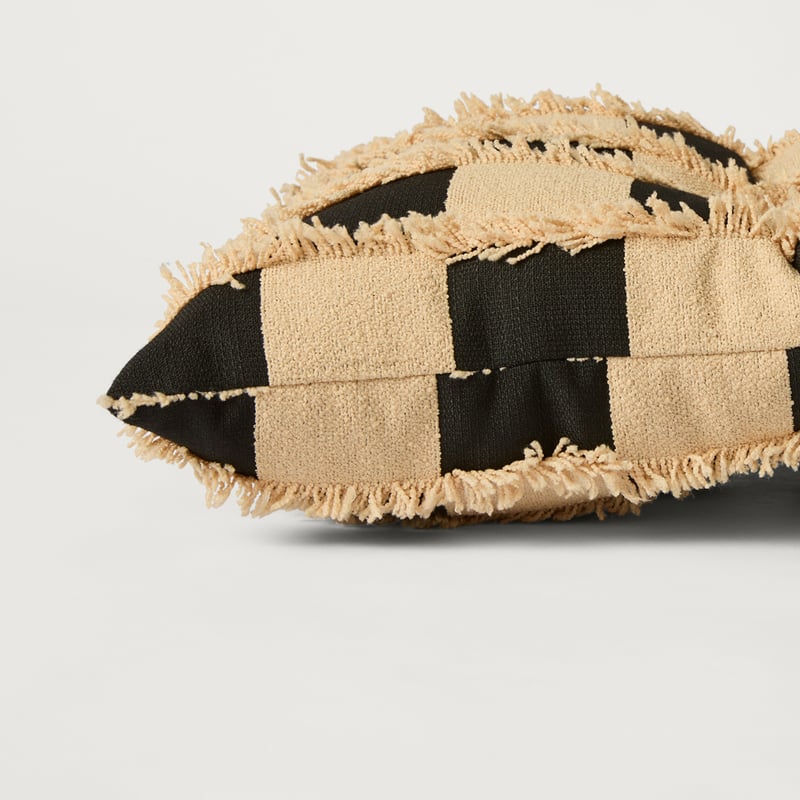 Check Natural & Black Tufted Woven Bench Seat Cushion
